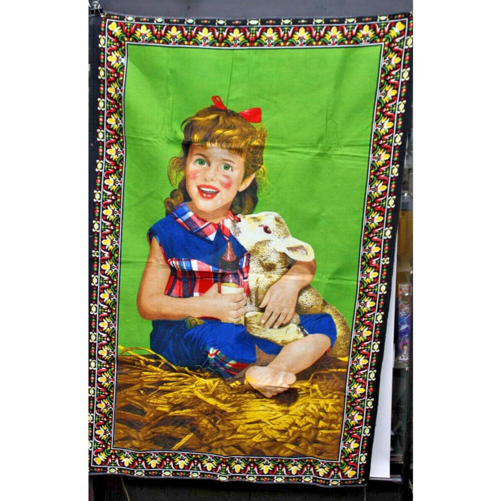 Vintage a.t.c. Happy girl with baby lamb 100% cotton tapestry turkey 50 x 33"